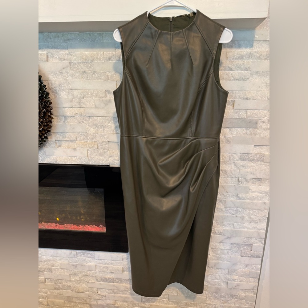 Elie Tahari Vegan Leather Pleated Neckline Midi Wrap Dress